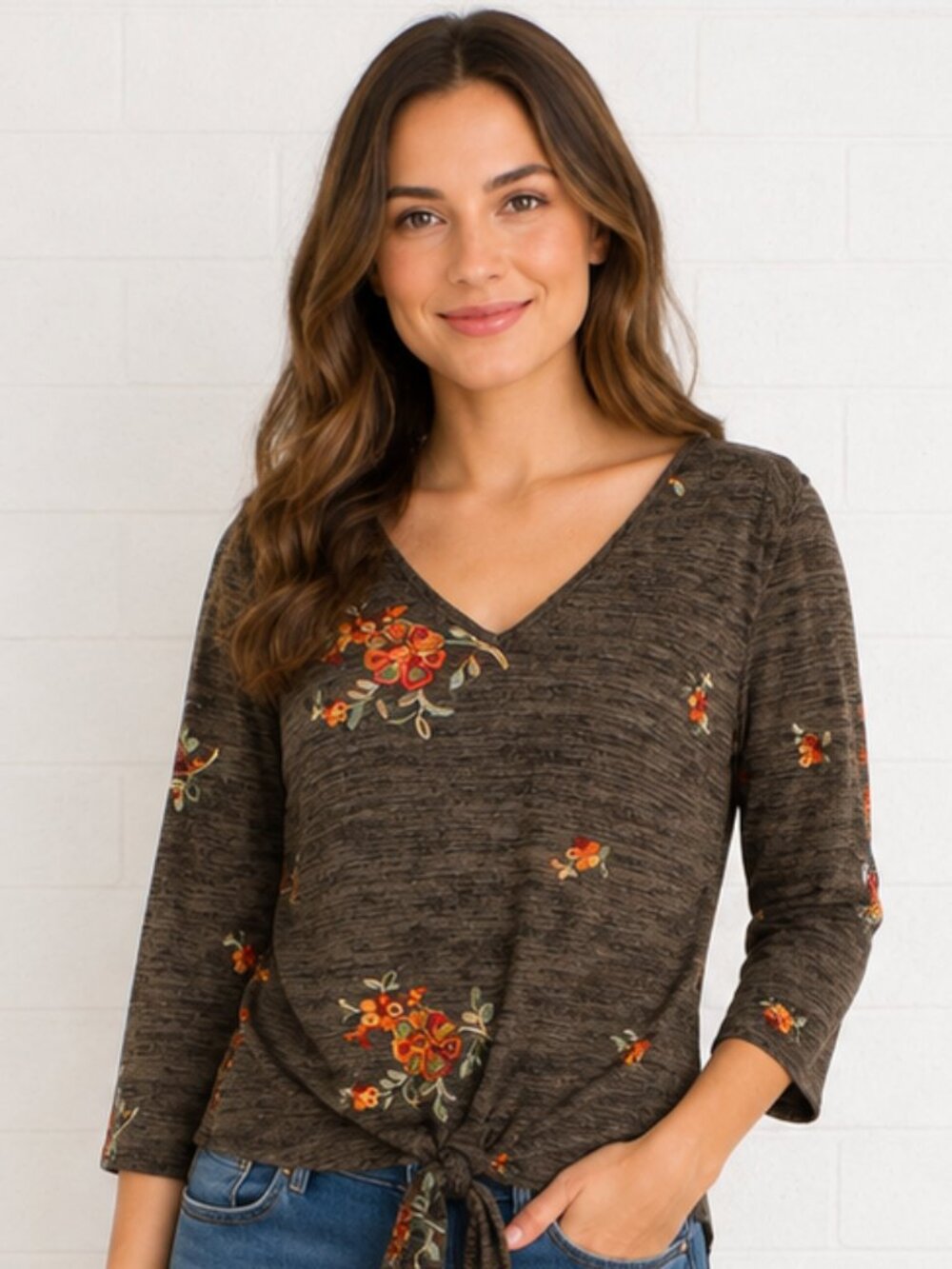 Fig and Flower M 8 10 Heather Gray Floral Embroidered Hi-Low Knit Pullover Top